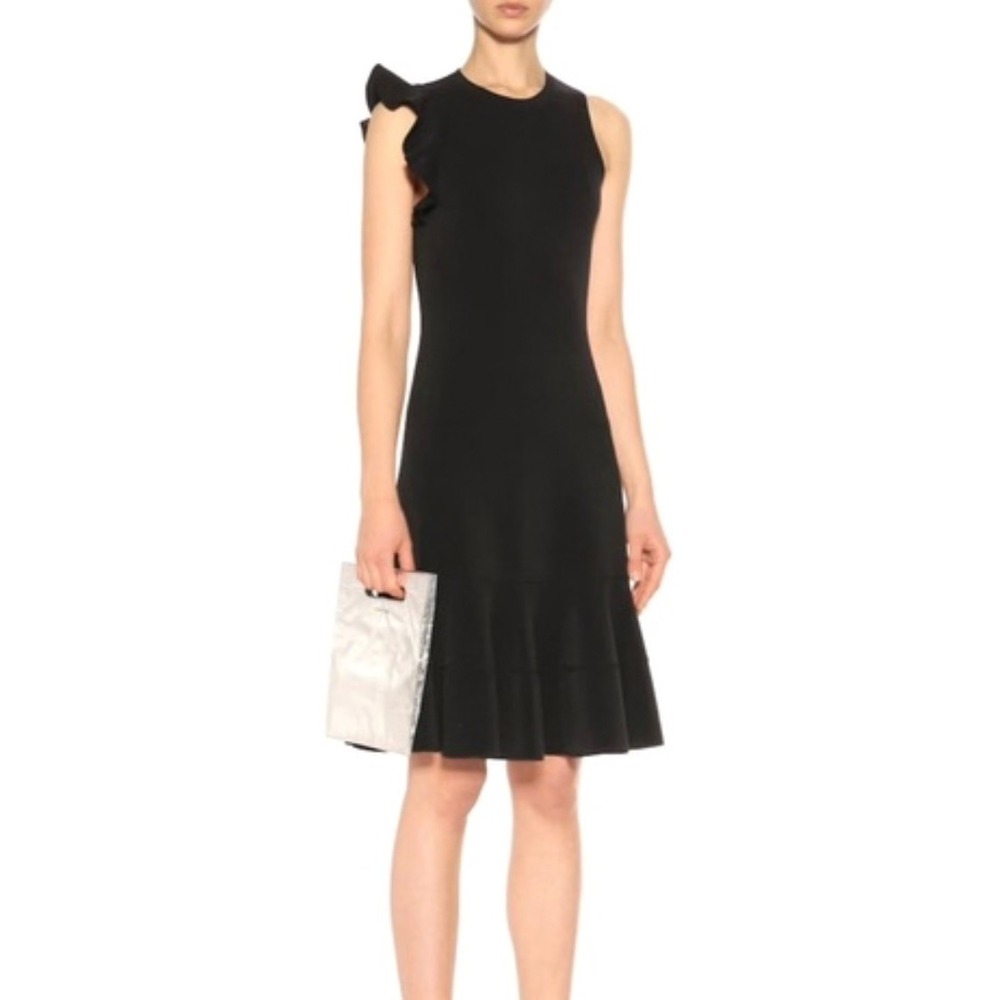 Proenza Schouler Dress Womens Large Black Asymmetrical Ruffle Knit Midi LBD